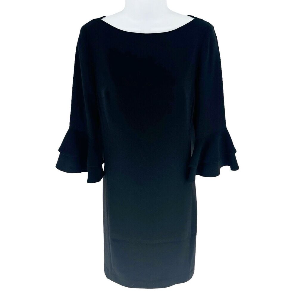 Lauren Ralph Lauren Dress Womens 4 Black Shift Long Bell Sleeve Ruffle Modest
